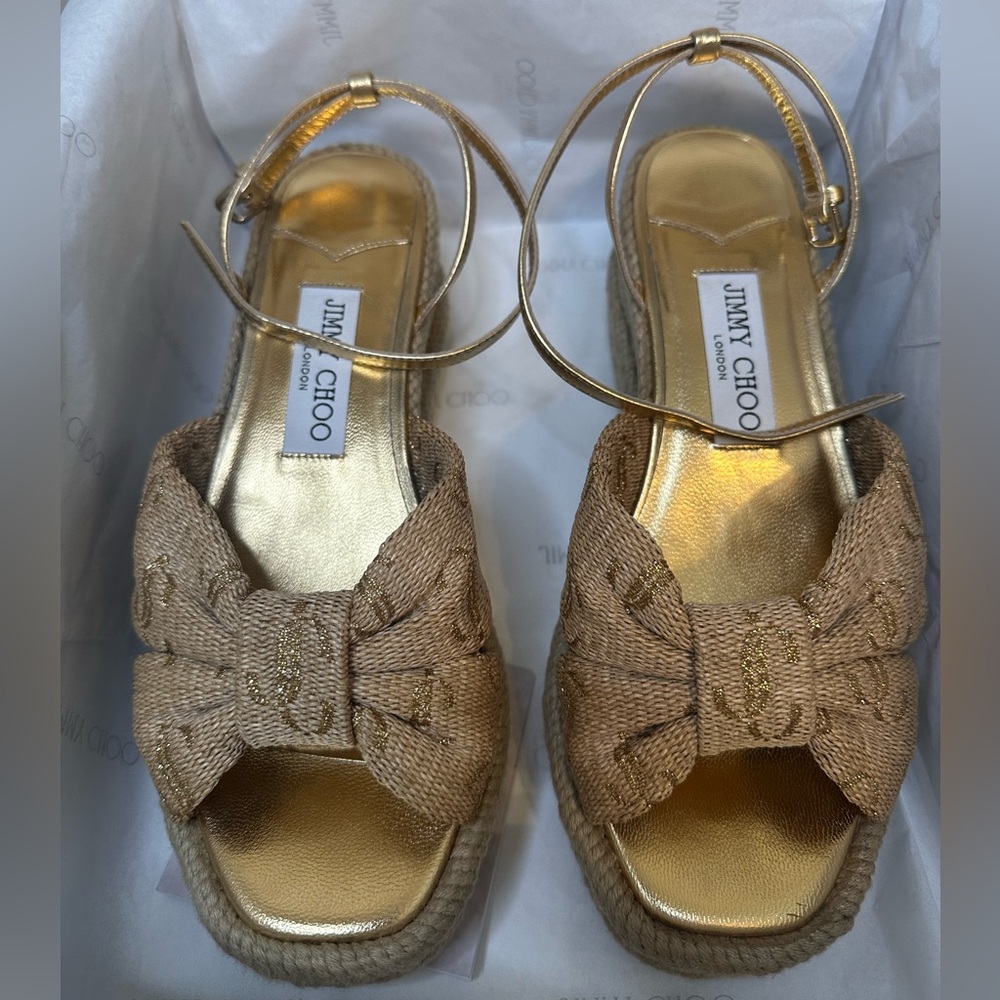 Jimmy Choo Gold Raffia Wedge Sandals - Picture 12 of 12